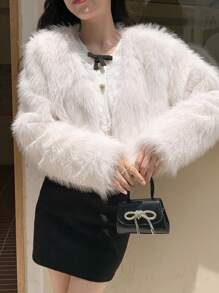 DAZY Solid Open Front Crop Fuzzy Coat Women Jacket,Fall Women Clothes Faux Fur Coat