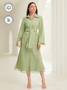 Mulvari Tassel Trim Belted Shirt Dress - Green - View 1