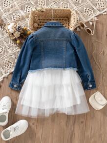 Cô Gái Trẻ 1 Miếng Rách Frayed Chi tiết về Flap Áo khoác denim - Rửa tối - Xem 2