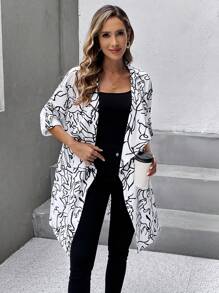 SHEIN LUNE 滿版印花捲邊袖開門襟外套 - 黑與白 - 查看 2