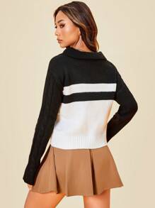SHEIN Unity Colorblock Cable Knit Pullover Fall Winter Sweater - Black and White - View 2