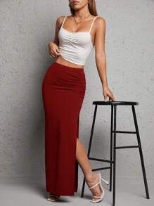 SHEIN PETITE Solid Split Thigh Ruched Side Skirt - Burgundy - View 4