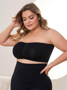 NudeFit Plus Size Black Strapless Tube Top And High Waist Shorts Casual Knitted Outfit Set Comfortable Stretch Plain Design - Black - View 6