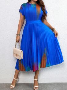 SHEIN Clasi 加大印花褶皱下摆连衣裙 长款女装 - 藍色 - 查看 1