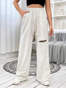 SHEIN EZwear 破洞腰部抽繩闊腿衛褲 - 淺灰色 - 查看 5