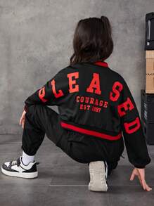 SHEIN Tween Girl Letter Graphic Striped Trim Drop Shoulder Crop Jacket - Black - View 3