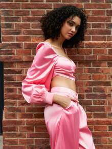 Becci Designer Sweetheart Neck Lantern Sleeve Crop Satin Blouse, For Holiday