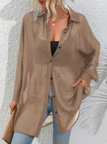 SHEIN LUNE Drop Shoulder Button Front Sheer Shirt Fall Cloth For Women - Khaki - View 6