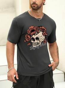 Men Skull & Floral Print Tee - Dark Grey - View 3