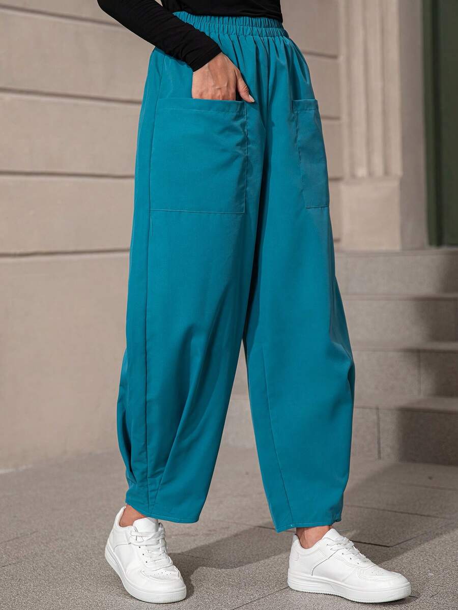 SHEIN LUNE Chất rắn Túi Kép Eo đàn hồi Quần - Màu xanh ngọc - Xem 1