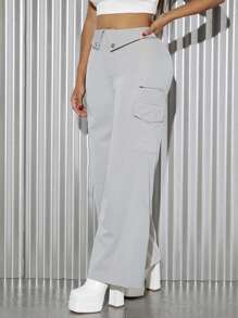 SHEIN SXY Flap Pocket Wide Leg Pants - Grey - View 13