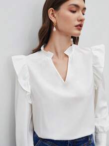 BizChic Notched Neck Ruffle Trim Blouse - White - View 6