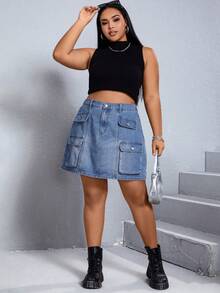 Coolane Hơn Túi có nắp Váy Denim - Rửa trung bình - Xem 6