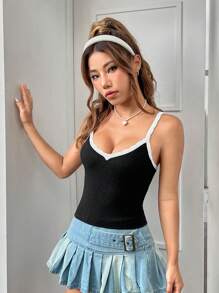 SHEIN EZwear 女士撞色修身吊带针织上衣 - 黑色 - 查看 4