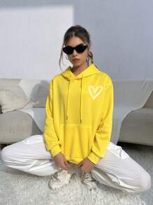 SHEIN EZwear In Trái tim Túi kangaroo Thả vai Dây rút Hoodie - Màu vàng - Xem 6