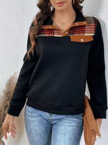 SHEIN LUNE Plaid Print Polo Neck Sweatshirt - Black - View 3