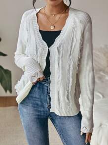 SHEIN LUNE Raw Trim Raglan Sleeve Cardigan - White - View 4