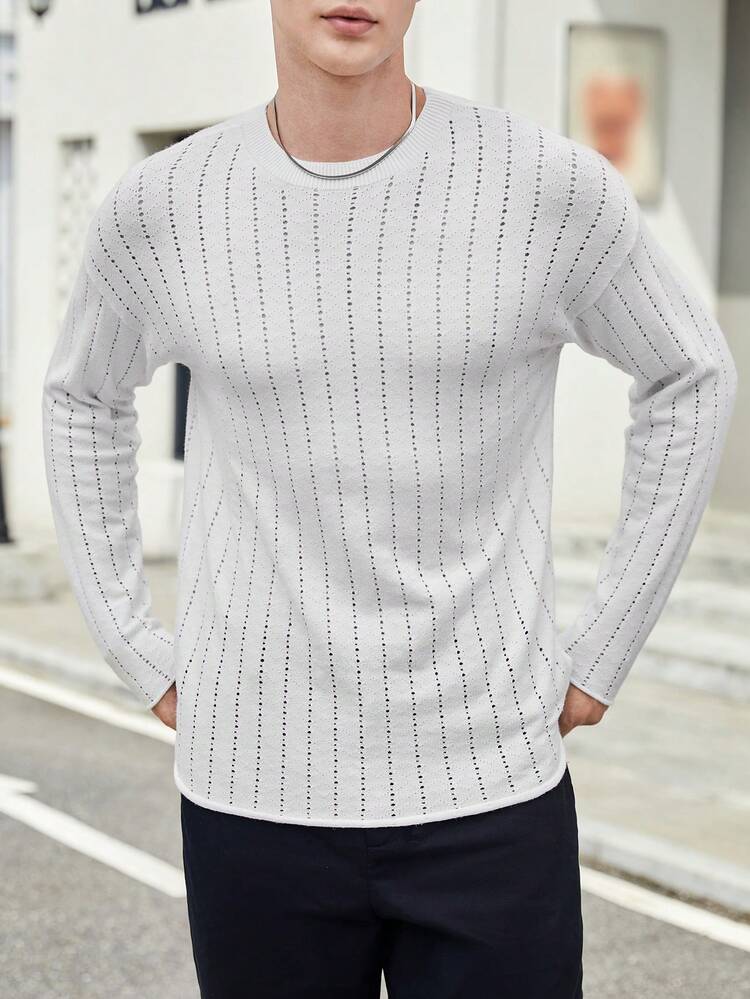 Men Solid Pointelle Knit Sweater, For Fall Winter