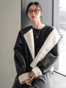 DAZY Lót Teddy Đôi ngực Da giả Áo khoác - màu đen - Xem 5