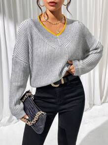 Chiquease Contrast Binding Drop Shoulder Ribbed Knit Pullover Fall Winter Sweater - Grey - View 6
