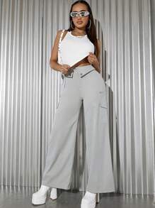 SHEIN SXY Flap Pocket Wide Leg Pants - Grey - View 7