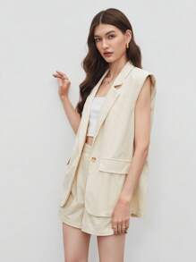 BizChic 1pc Solid Blazer Vest & 1pc Belted Shorts