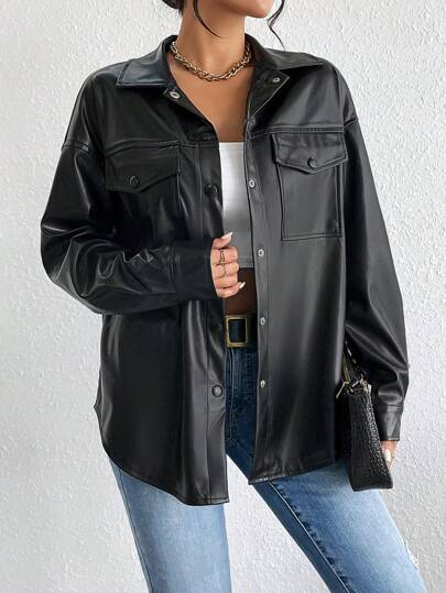 SHEIN X Lucía Bellido SHEIN Frenchy Abrigo de piel sintética con bolsillo con solapa y hombros caídos de XLucía Belido para otoño/invierno