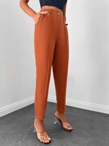 EURMUSE Solid Slant Pocket Cropped Suit Pants Without Belt - Rust Brown - View 5