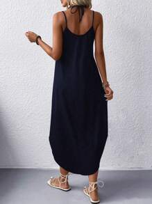 Solid Curved Hem Cami Dress - Navy Blue - View 2
