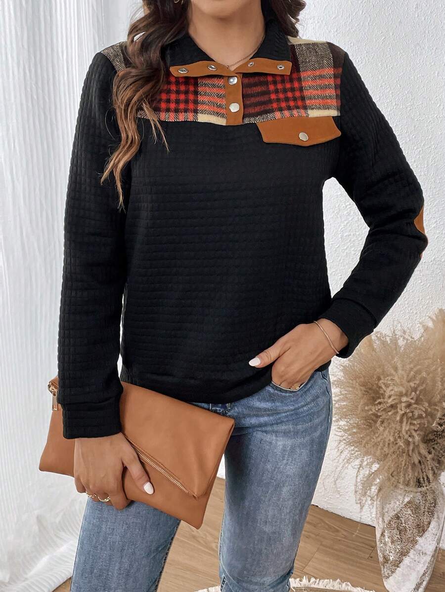 SHEIN LUNE Plaid Print Polo Neck Sweatshirt - Black - View 1