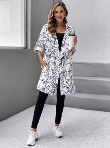 SHEIN LUNE 滿版印花捲邊袖開門襟外套 - 黑與白 - 查看 7