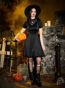 ROMWE PUNK Contrast Lace Puff Sleeve Dress Gothic - Black - View 3