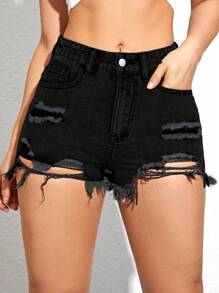 Ripped Raw Hem Denim Shorts - Black - View 1