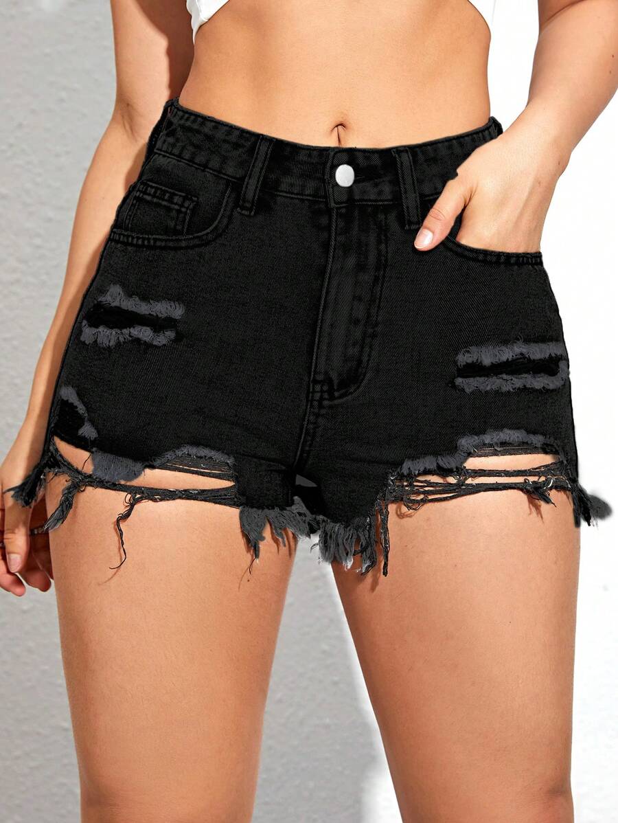 Ripped Raw Hem Denim Shorts - Black - View 1