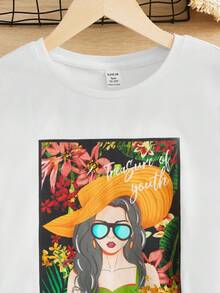 SHEIN Teen Girl Figure Graphic Tee & Flare Skirt - Army Green - View 4