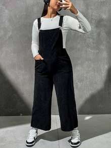 SHEIN EZwear Plus Dual Pocket Corduroy Overall Jumpsuit Without Tee - Black - View 3