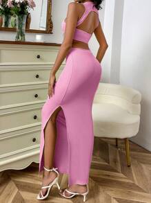 SHEIN Privé Cắt ra Tách đùi Không lưng Đầm - Hồng - Xem 4