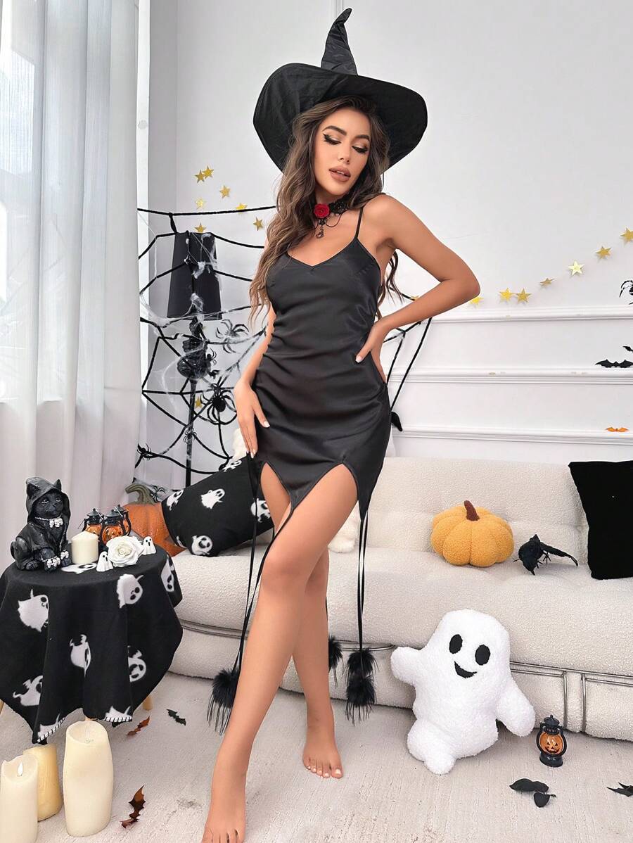 萬聖節素色流蘇下擺緞面吊帶睡裙