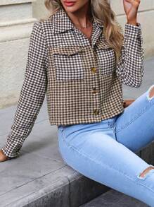 SHEIN LUNE Cazadora crop con estampado de pata de gallo con bolsillo con solapa - Café integral - Ver 6