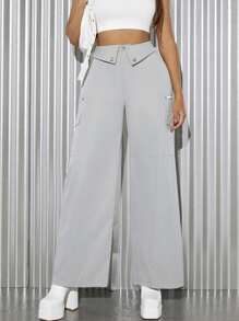 SHEIN SXY Flap Pocket Wide Leg Pants - Grey - View 1