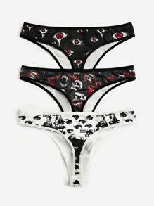 ROMWE Grunge Punk 大碼3件眼睛&骷髏頭圖案內褲套裝 - 彩色 - 查看 2
