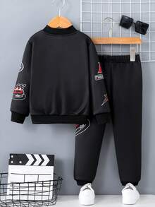 SHEIN 男小童字母圖案飛行員夾克和運動褲無連帽衫 - 藍色 - 查看 2