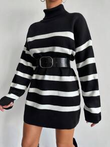 EURMUSE Women's Turtleneck Oversized Drop Shoulder Long Sleeve Long Sweater - Black and White - View 3