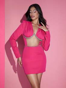 水鑽鏈條細節前鏤空褶邊連衣裙 - 中紫紅色 - 查看 1