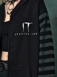 IT Chapter Two | ROMWE 條紋和字母圖案拉鏈連帽衫 - 黑色 - 查看 3