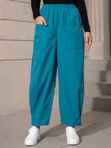 SHEIN LUNE Chất rắn Túi Kép Eo đàn hồi Quần - Màu xanh ngọc - Xem 3