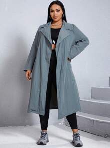 SHEIN X Galloways Plus Lapel Neck Belted Trench Coat - Dark Grey - View 3