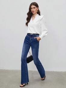 BizChic Notched Neck Ruffle Trim Blouse - White - View 8