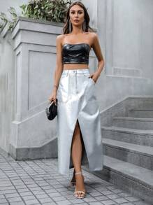 Zolique 女士时尚金属前开衩裙 - 銀色 - 查看 6