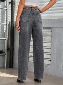 SHEIN Essnce Chất rắn Rách Quần legging thẳng - Màu xám đen - Xem 5